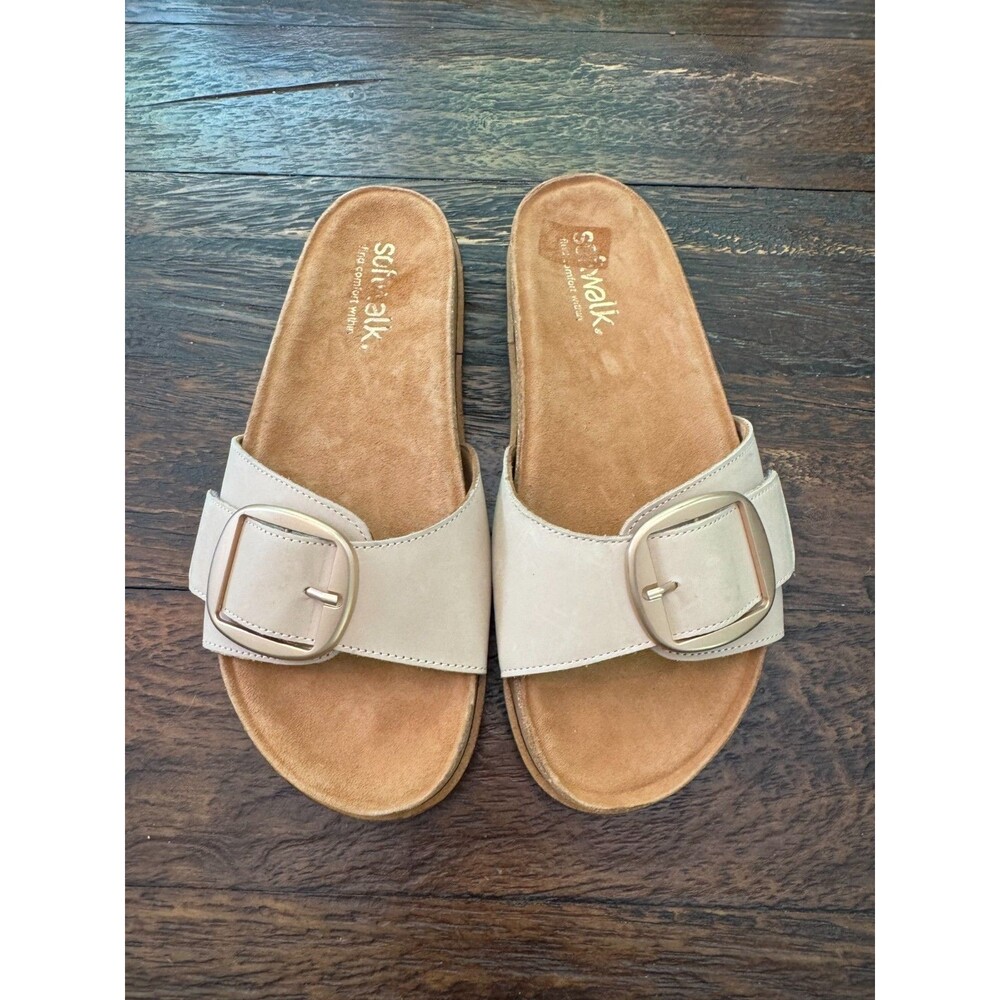 SoftWalk Una Slide Sandals Taupe Leather Buckle Comfort Slides Women's 8W